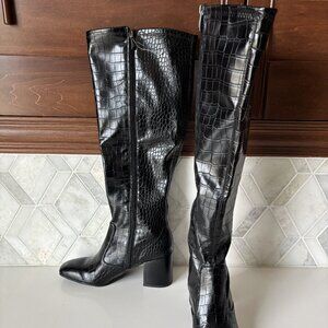 Franco Sarto Size 9 M Black Block Heel Knee High Boot Croc Talfer Heeled Boot